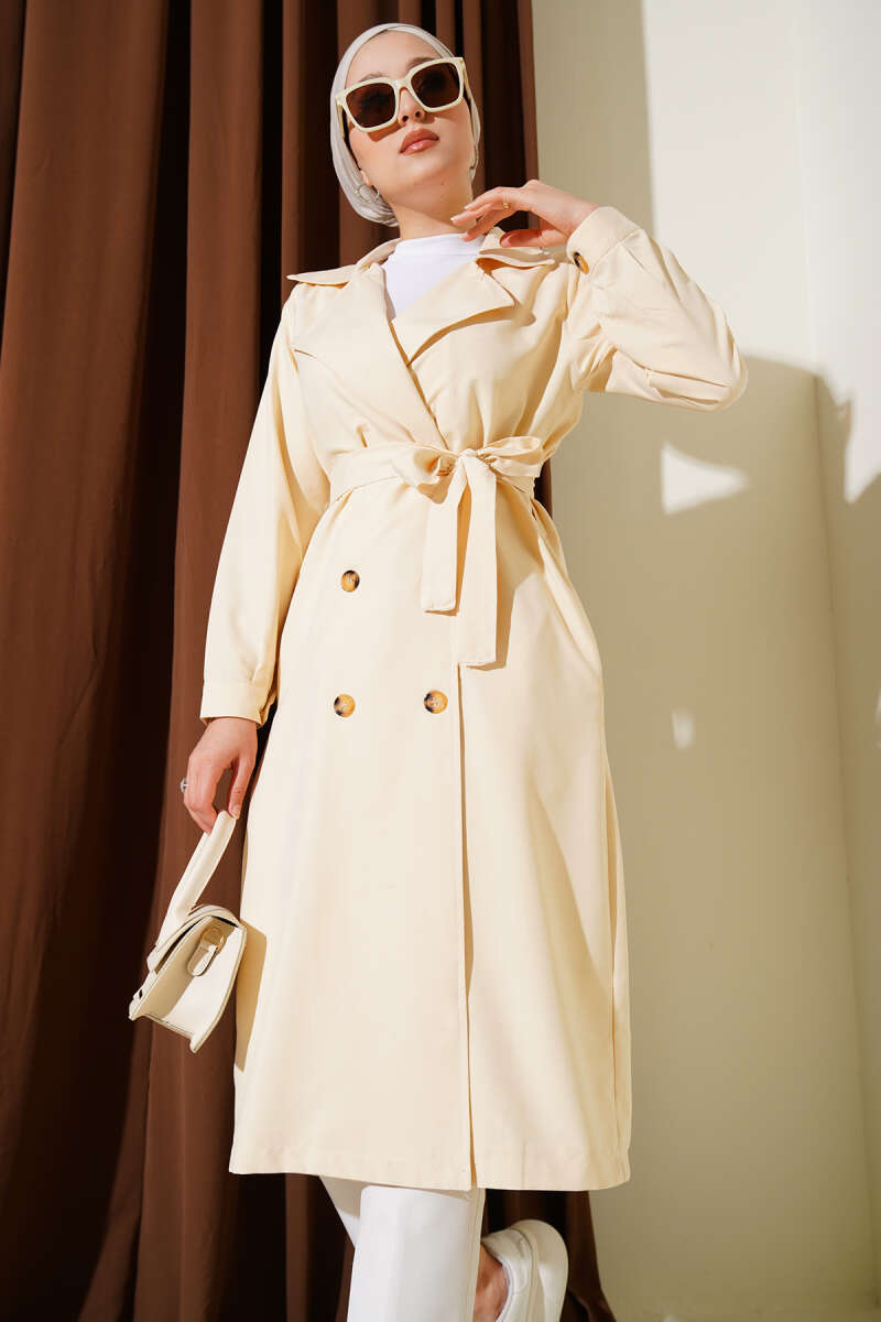 Belted Button Trench Coat - Bone