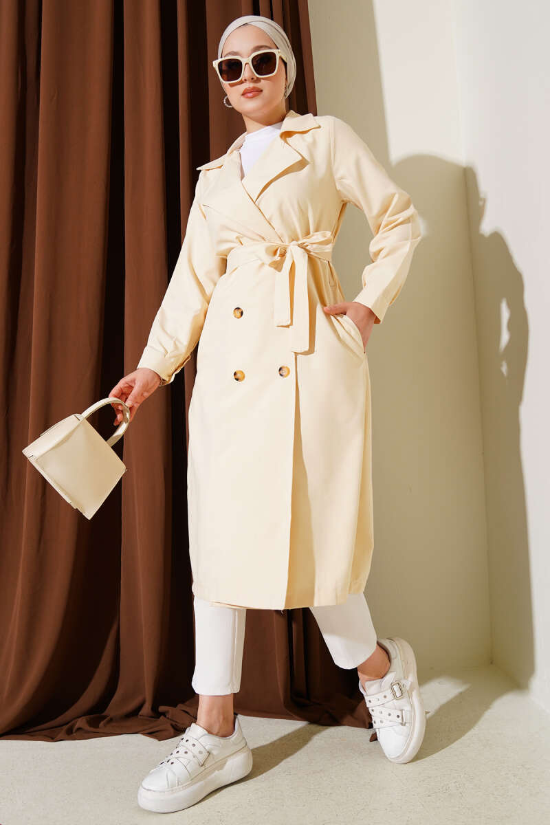 Belted Button Trench Coat - Bone