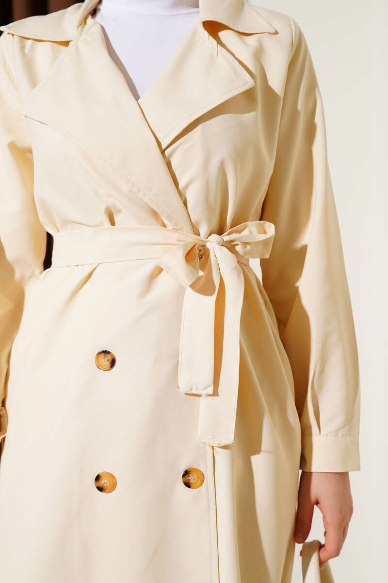 Belted Button Trench Coat - Bone