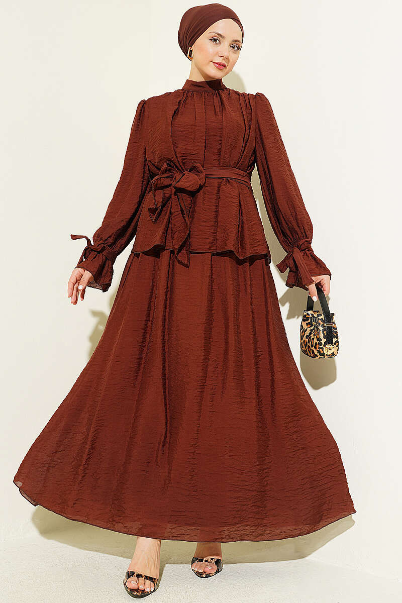 Belted Skirt Two-Piece Set - Brown