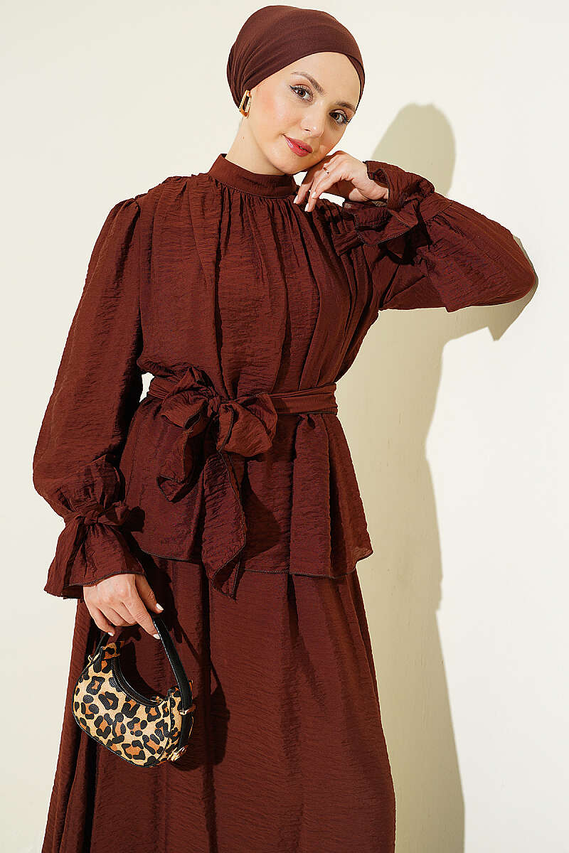 Belted Skirt Two-Piece Set - Brown