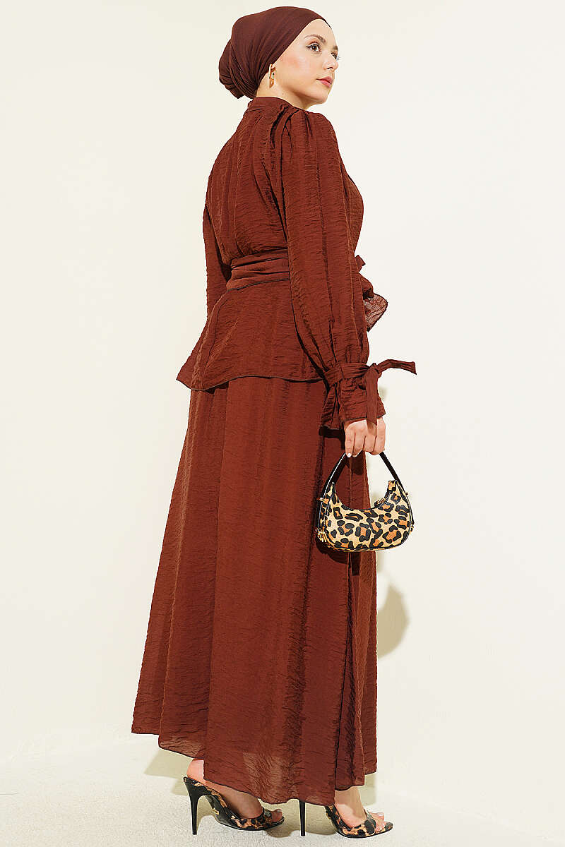 Belted Skirt Two-Piece Set - Brown