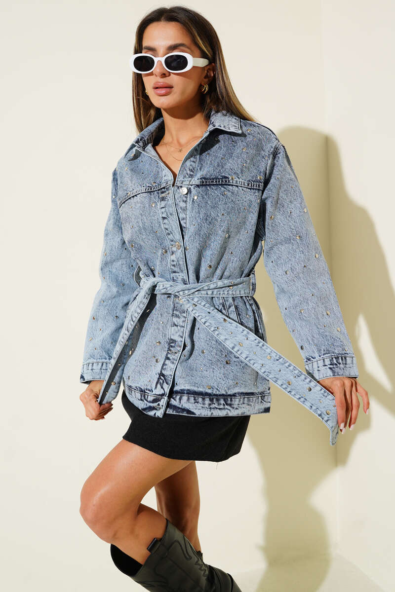 Belted Shirt-Collar Jacket - Denim Blue