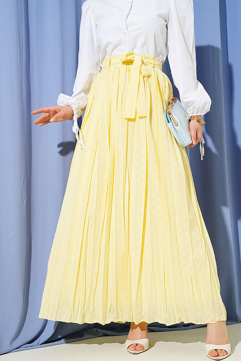 Pleated Polka Dot Skirt with Waist Sash - Yellow