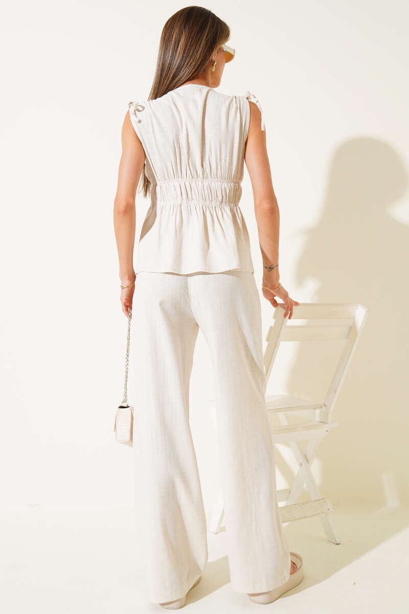Blouse Two-Piece Set with Elastic Waist Detail - Beige