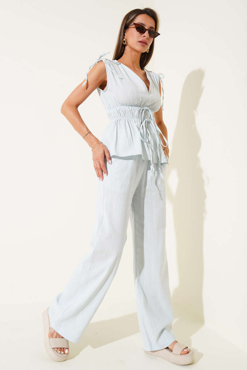 Blouse Two-Piece Set with Elastic Waist Detail - Ice Blue