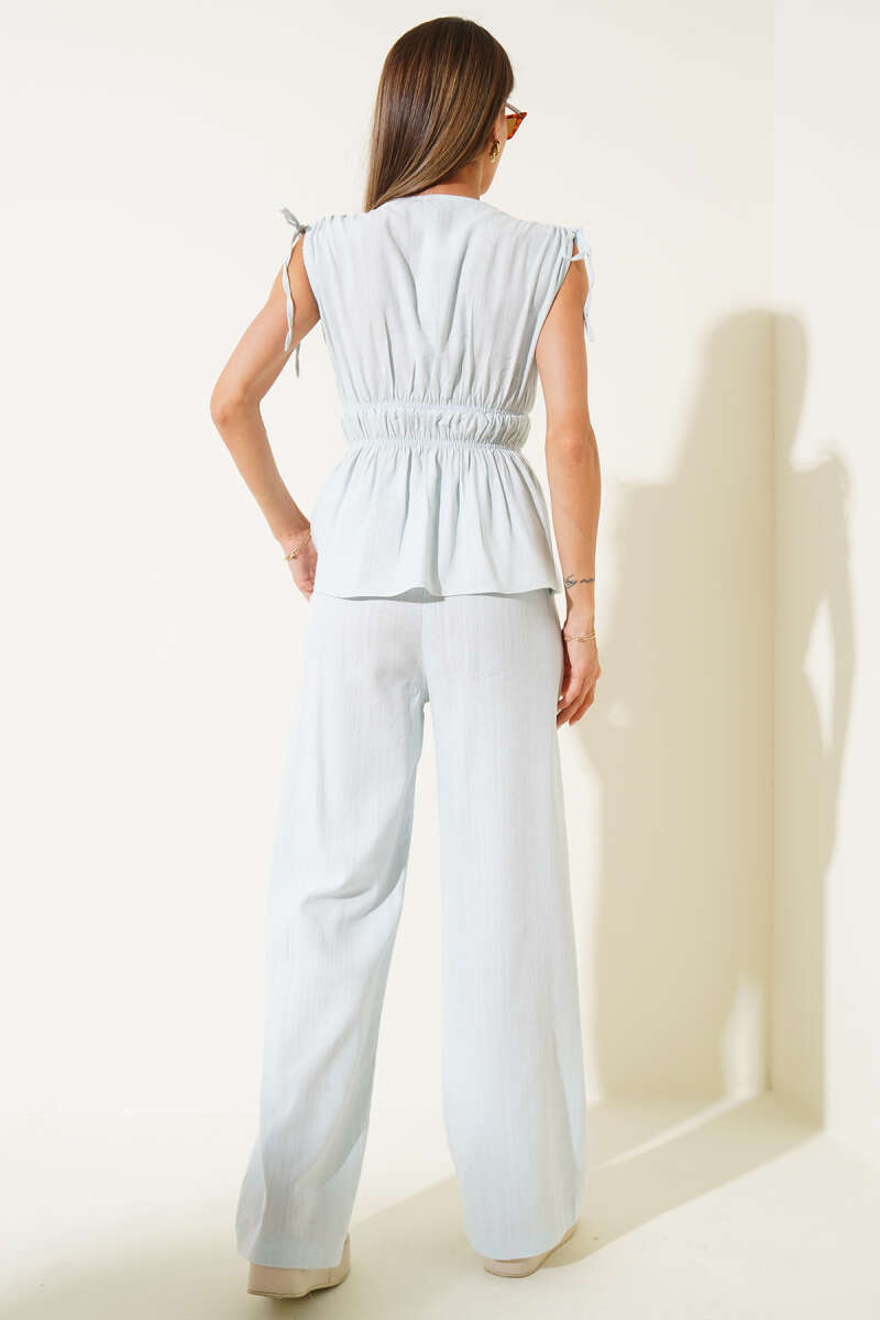 Blouse Two-Piece Set with Elastic Waist Detail - Ice Blue