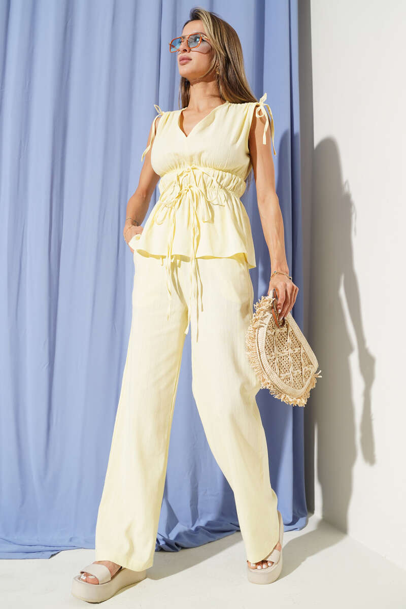Blouse Two-Piece Set with Elastic Waist Detail - Yellow