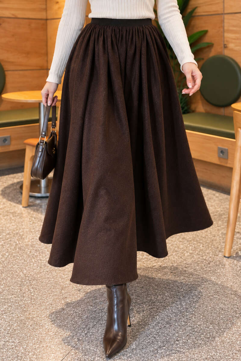 Flared Skirt with Elastic Waist - Dark Brown