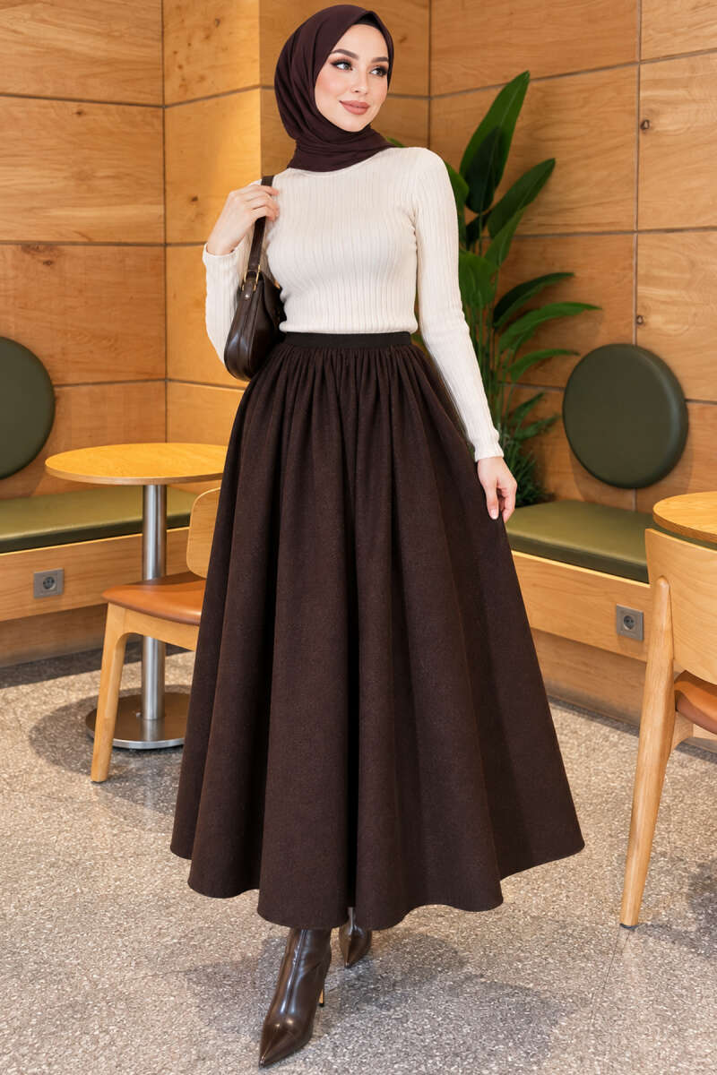 Flared Skirt with Elastic Waist - Dark Brown