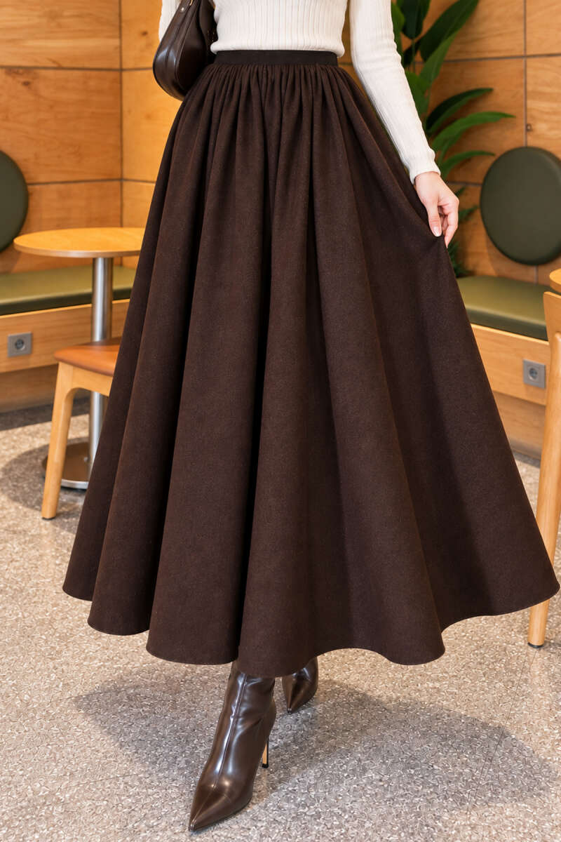 Flared Skirt with Elastic Waist - Dark Brown