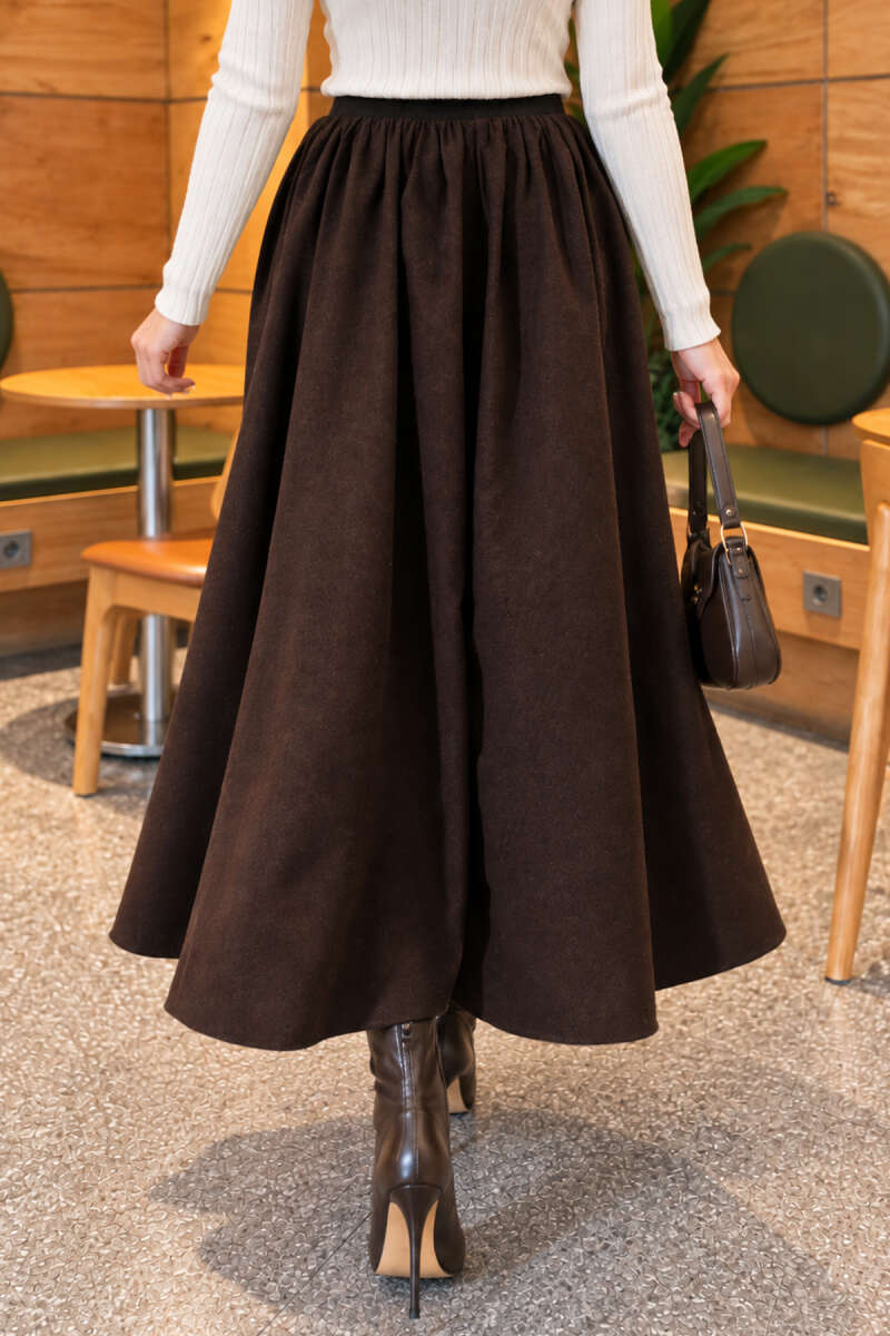 Flared Skirt with Elastic Waist - Dark Brown