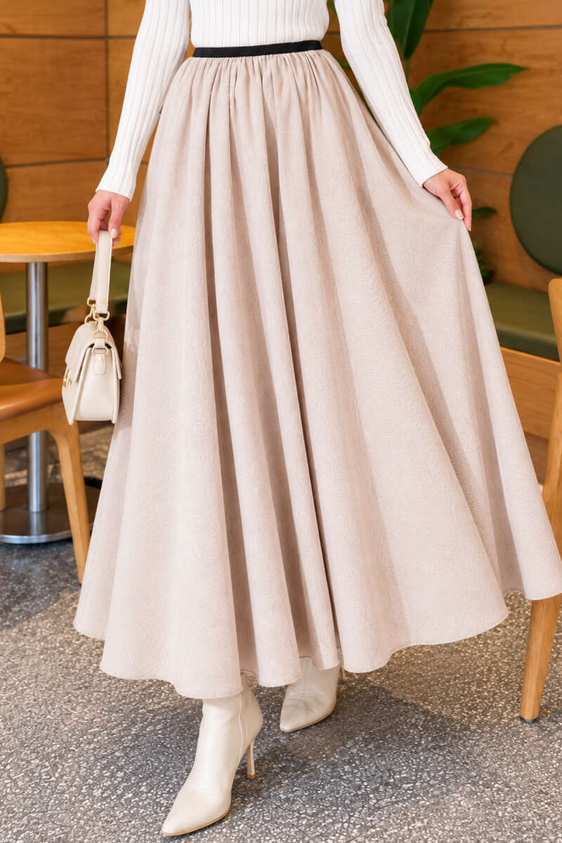 Flared Skirt with Elastic Waist - Beige
