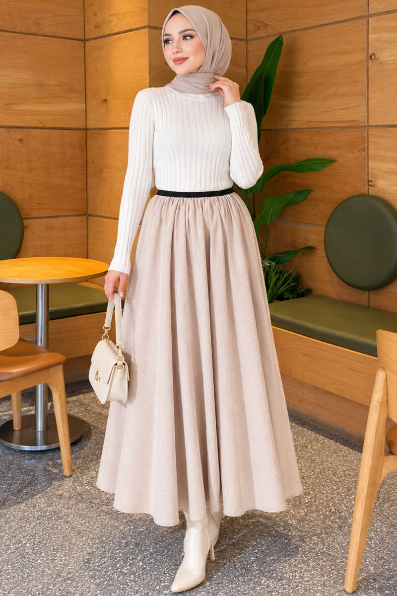 Flared Skirt with Elastic Waist - Beige