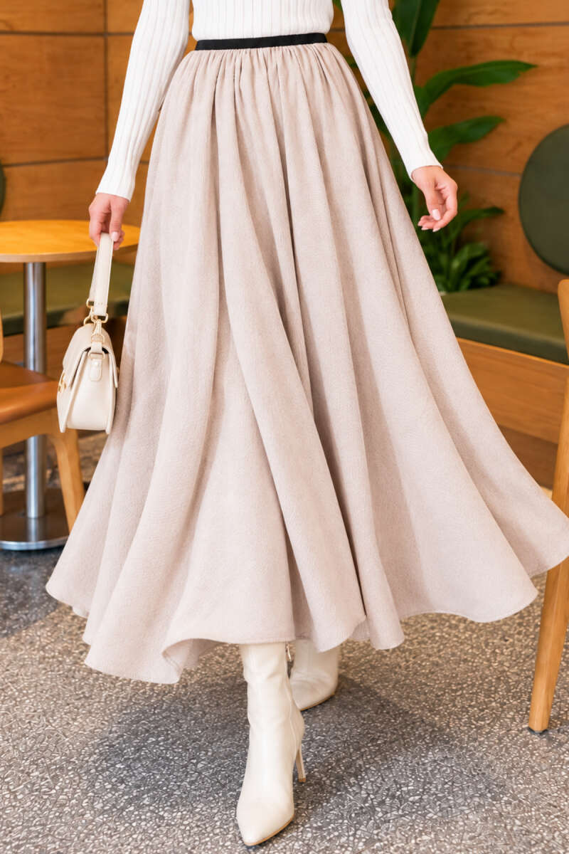Flared Skirt with Elastic Waist - Beige