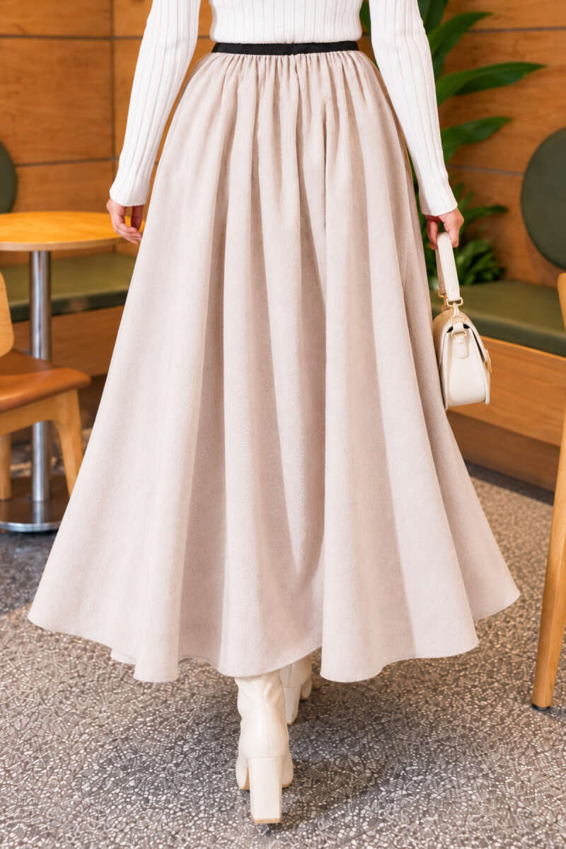 Flared Skirt with Elastic Waist - Beige