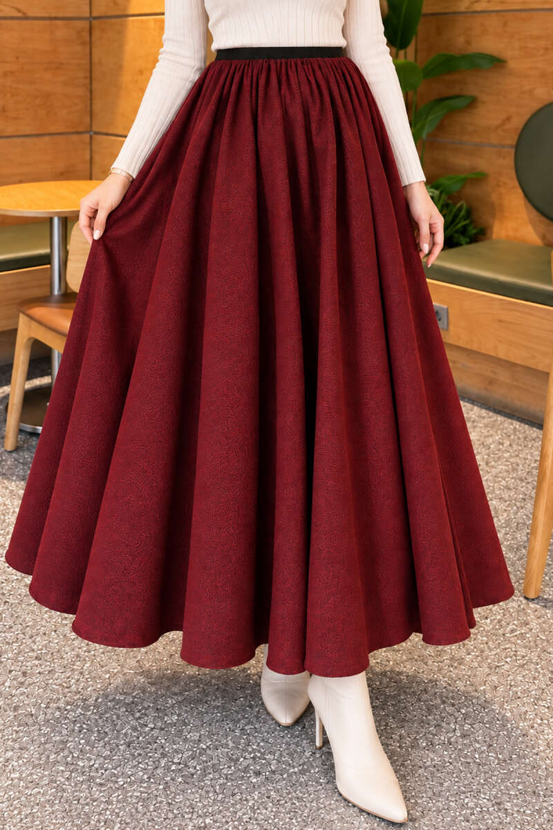 Flared Skirt with Elastic Waist - Burgundy