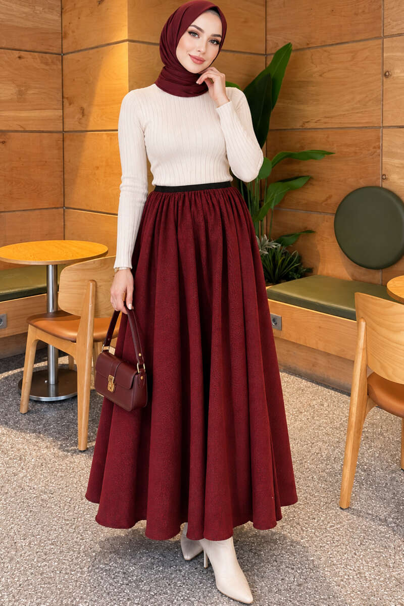 Flared Skirt with Elastic Waist - Burgundy