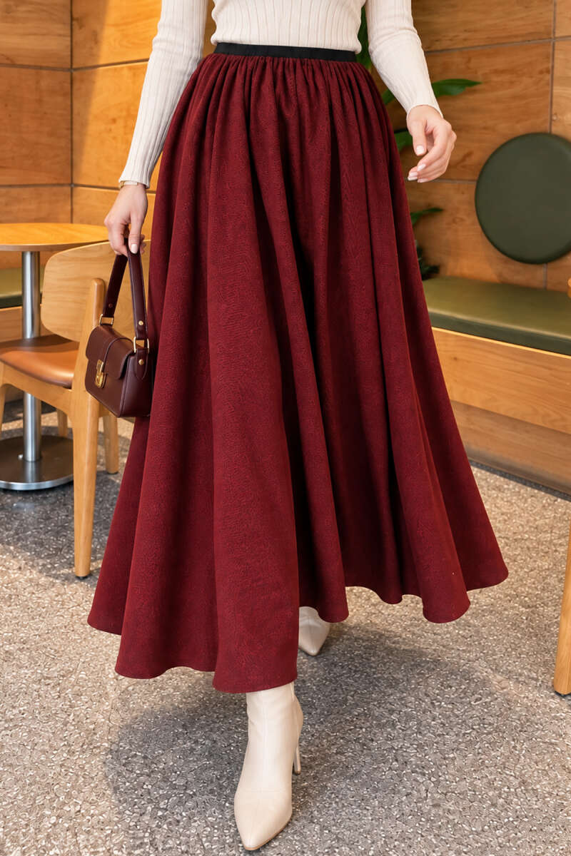 Flared Skirt with Elastic Waist - Burgundy