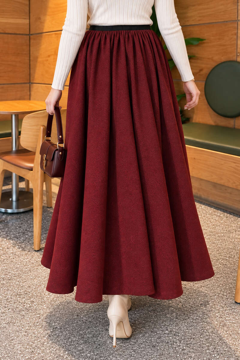 Flared Skirt with Elastic Waist - Burgundy