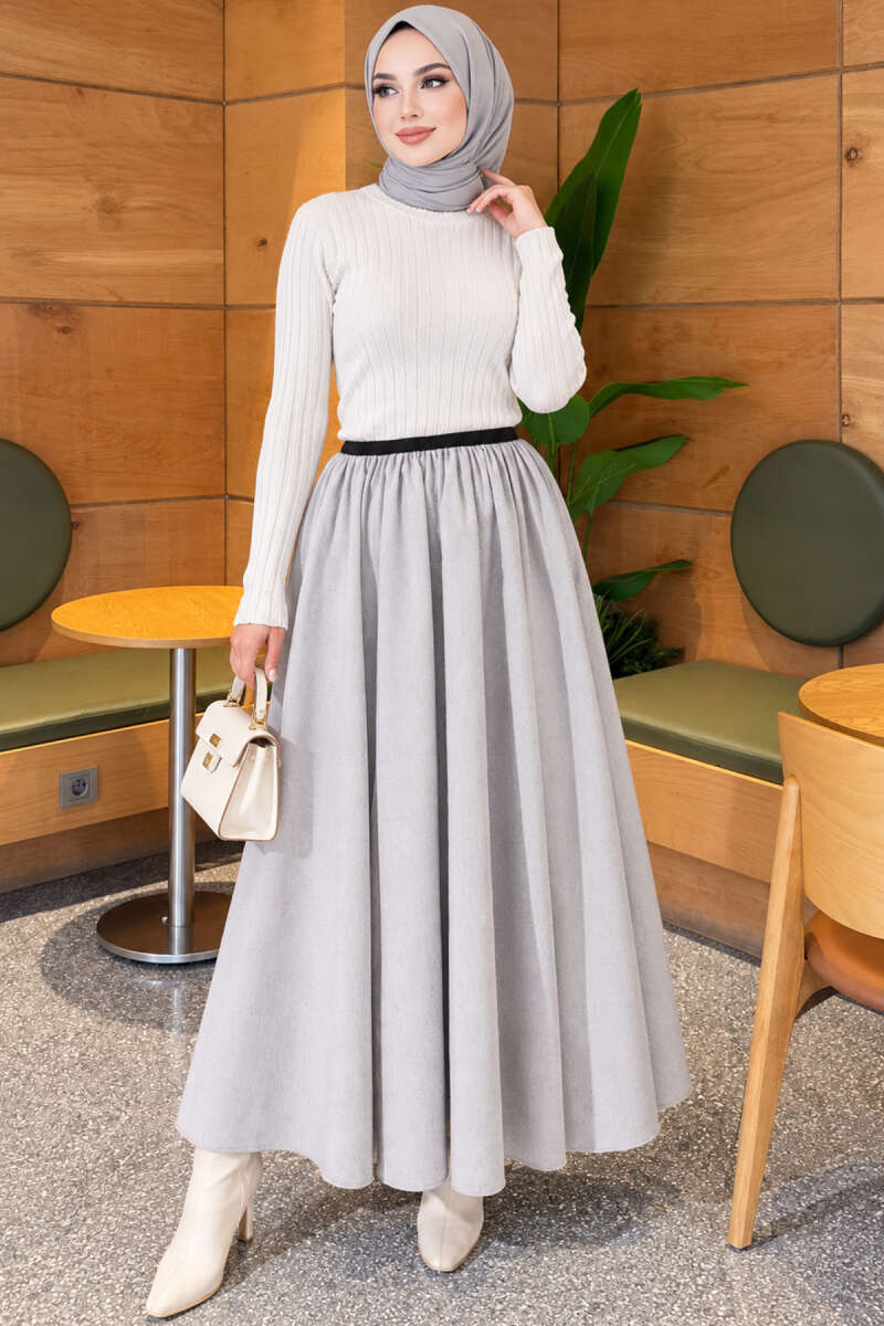Flared Skirt with Elastic Waist - Grey