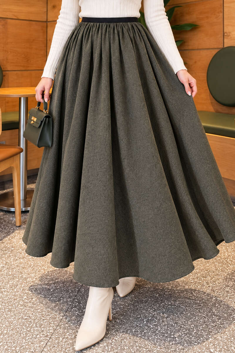 Flared Skirt with Elastic Waist - Khaki