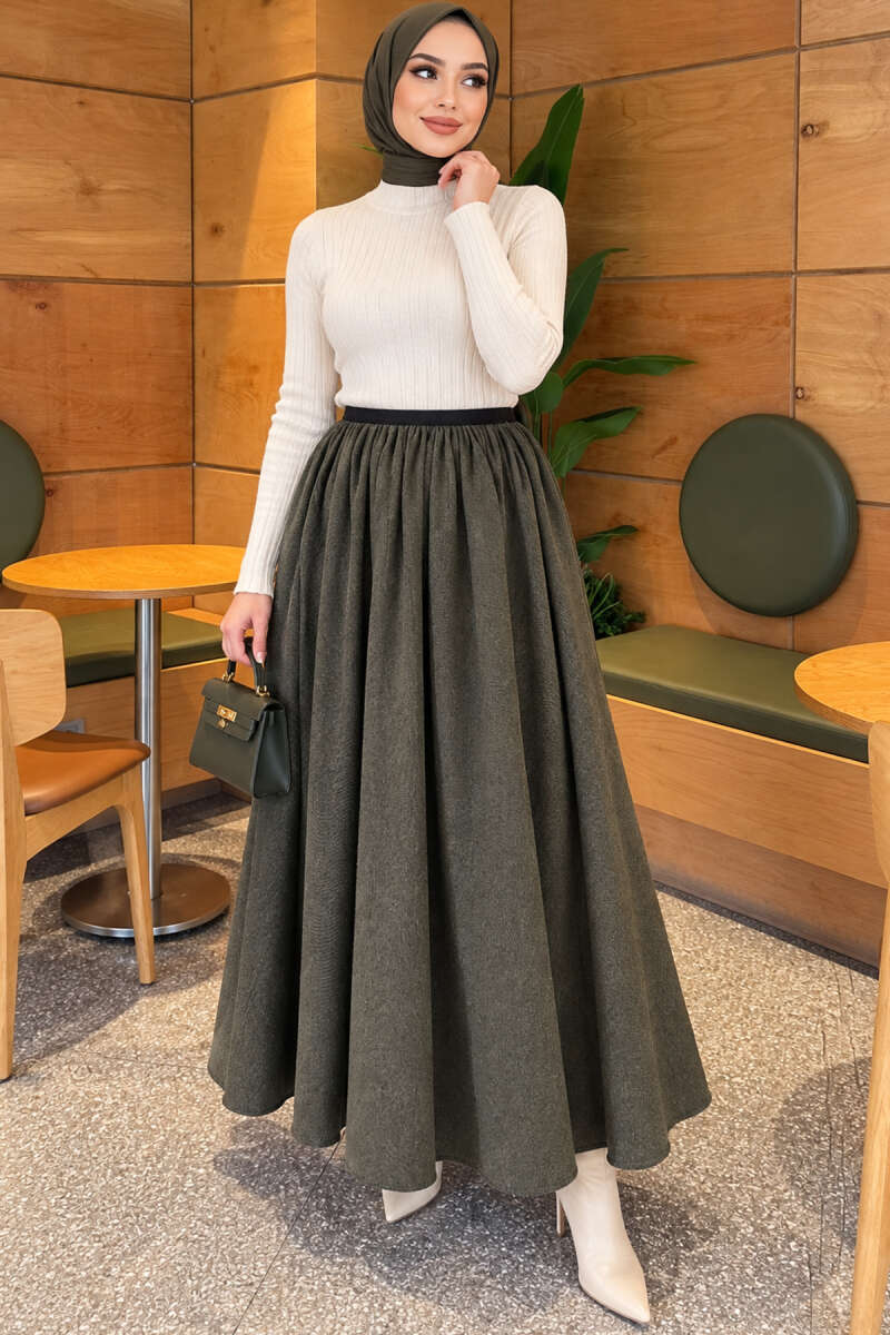 Flared Skirt with Elastic Waist - Khaki