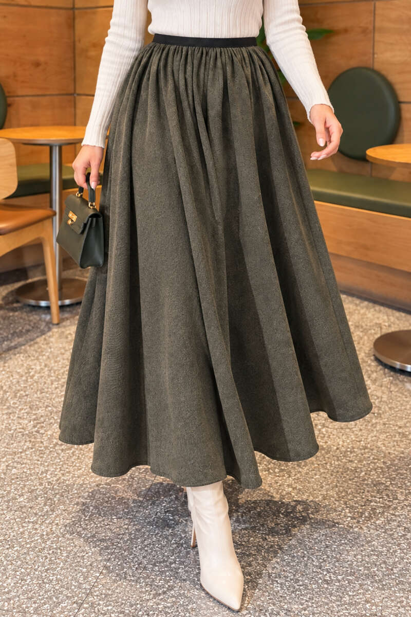 Flared Skirt with Elastic Waist - Khaki