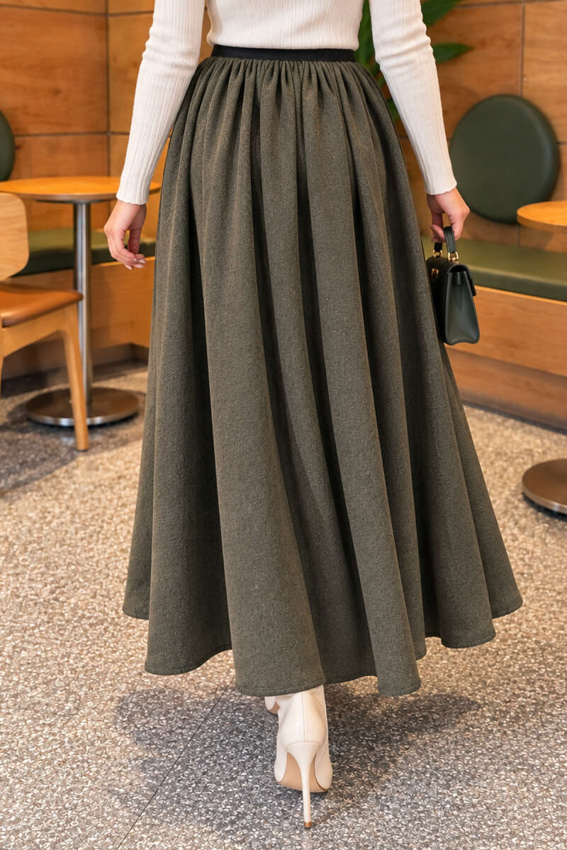 Flared Skirt with Elastic Waist - Khaki