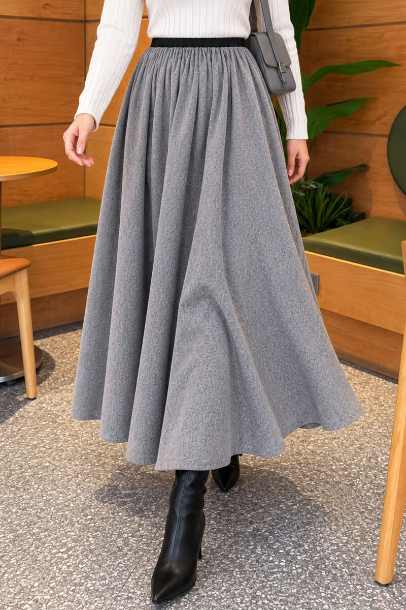 Flared Skirt with Elastic Waist - Heather Grey