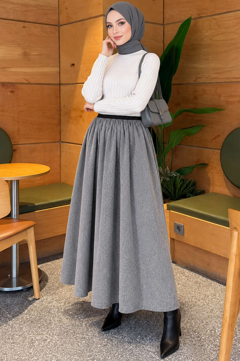 Flared Skirt with Elastic Waist - Heather Grey