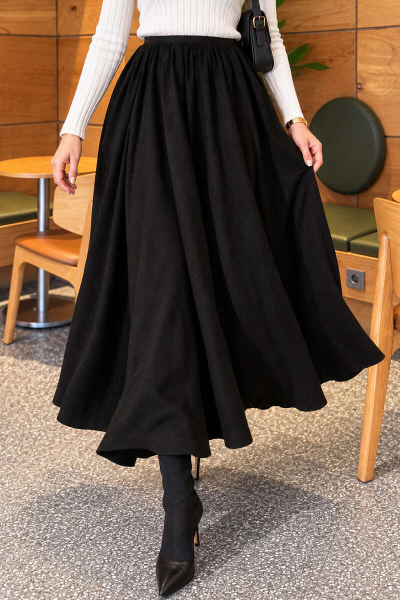 Flared Skirt with Elastic Waist - Black