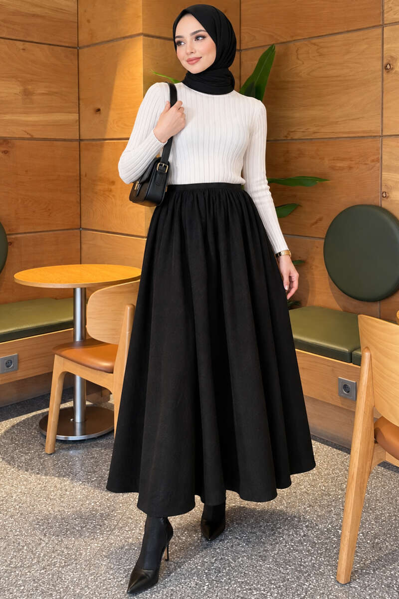 Flared Skirt with Elastic Waist - Black