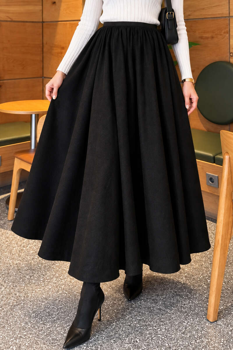 Flared Skirt with Elastic Waist - Black