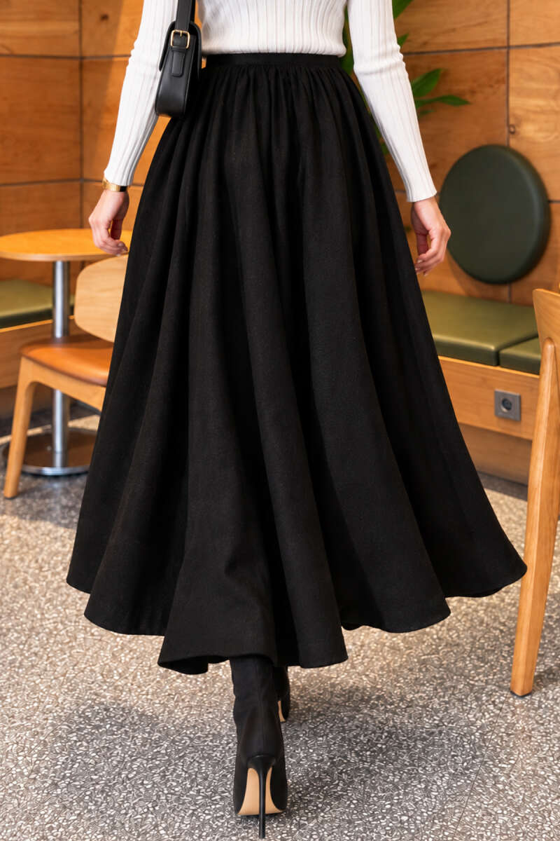 Flared Skirt with Elastic Waist - Black