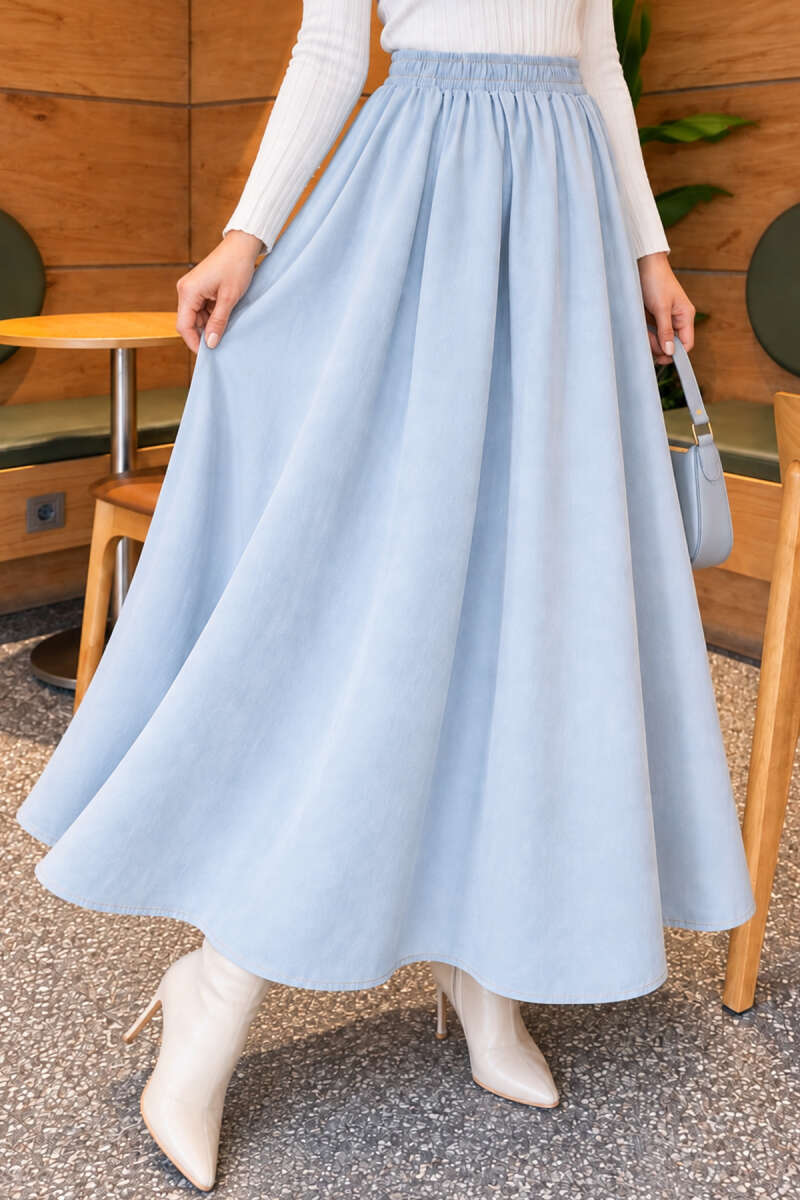Denim Skirt with Elastic Waist - Light Blue