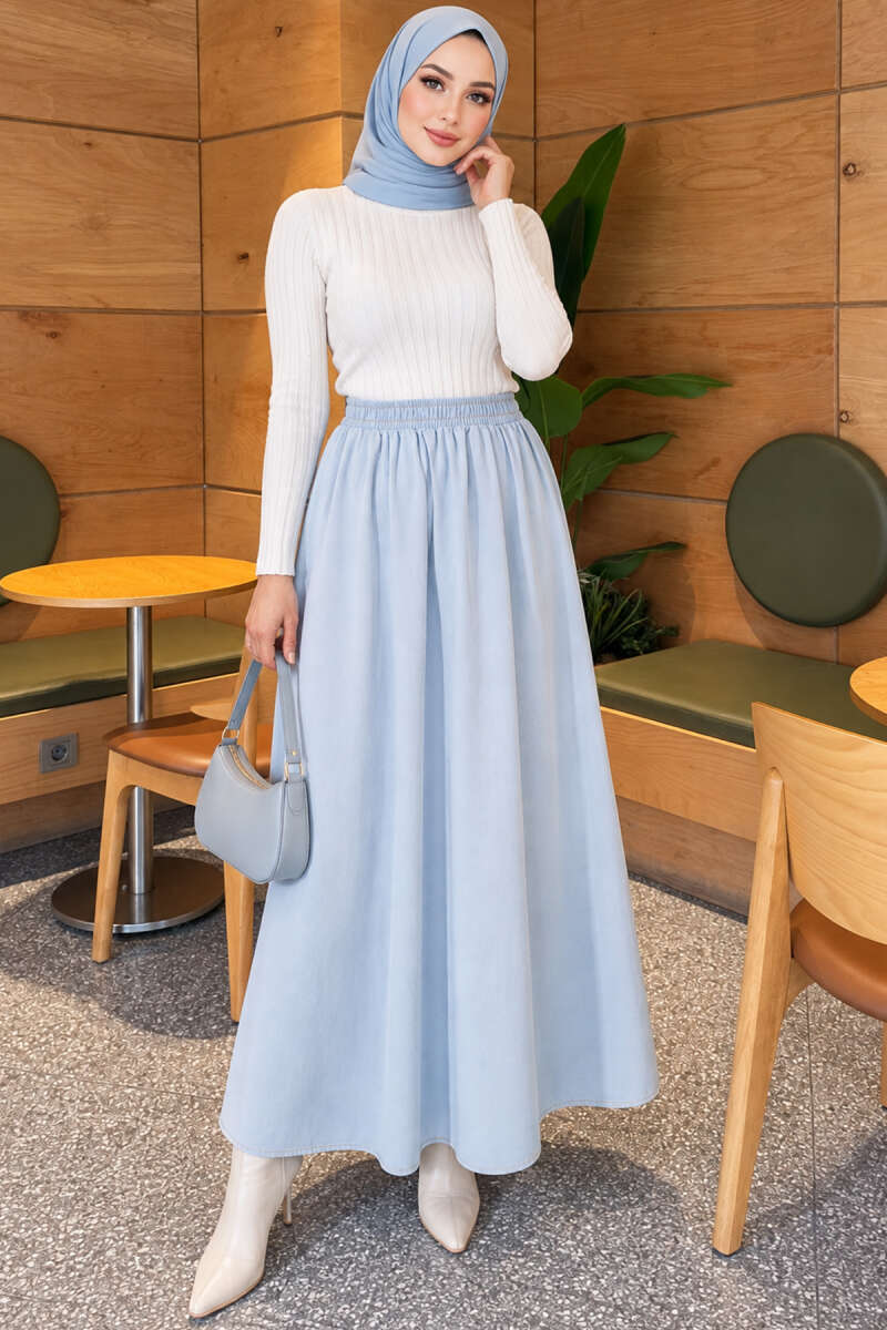 Denim Skirt with Elastic Waist - Light Blue