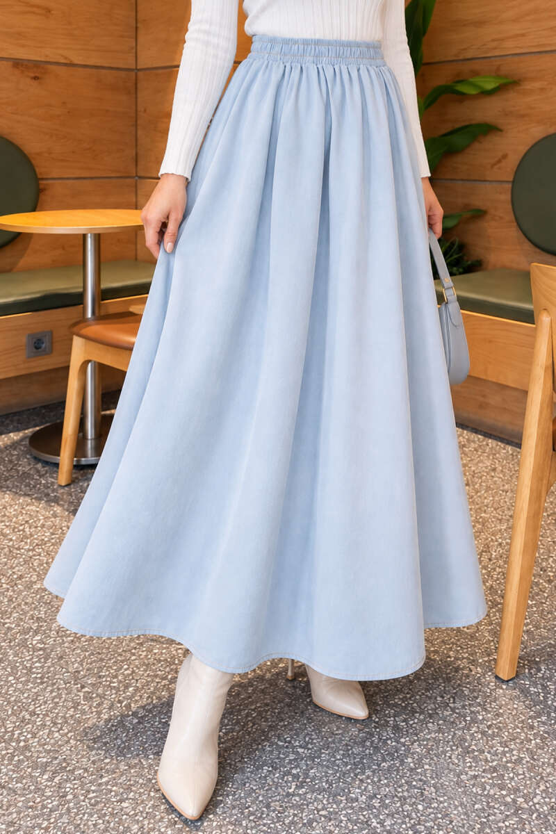 Denim Skirt with Elastic Waist - Light Blue