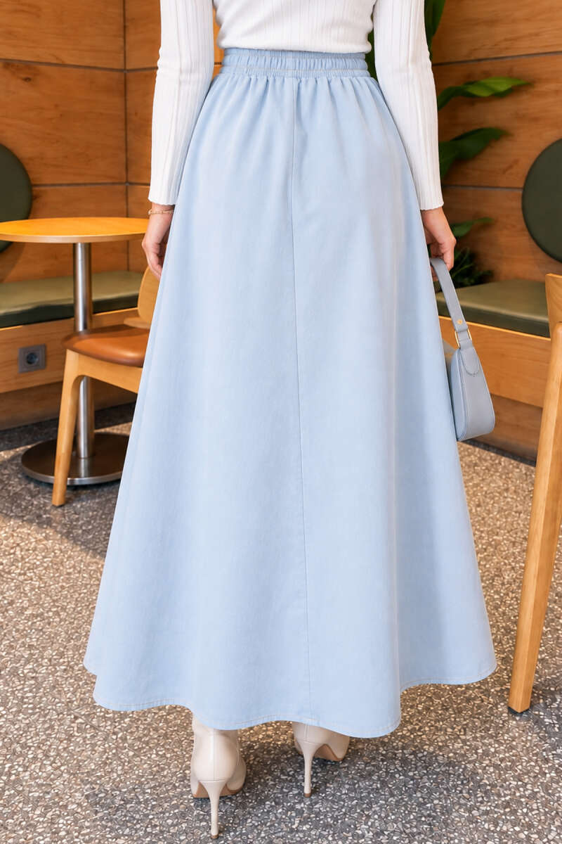 Denim Skirt with Elastic Waist - Light Blue
