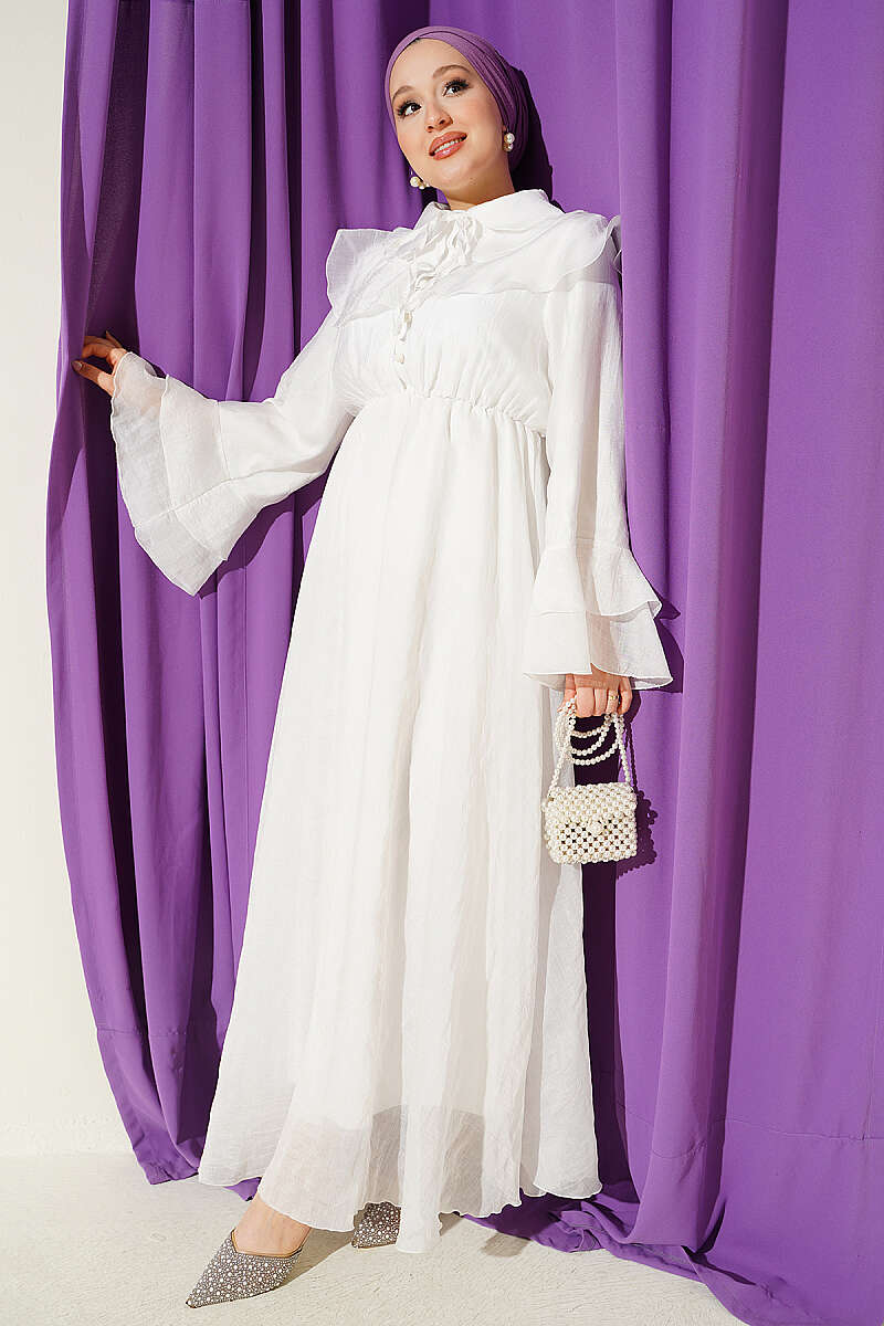 Cape Dress with Elastic Waist - Ecru