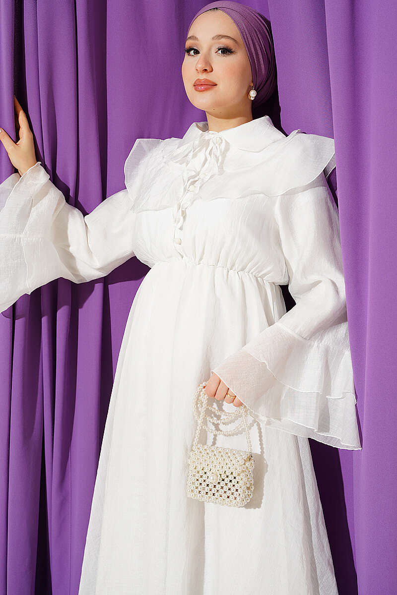 Cape Dress with Elastic Waist - Ecru