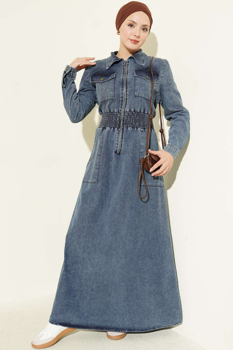 Zip Dress with Piped Elastic Waist - Denim Blue