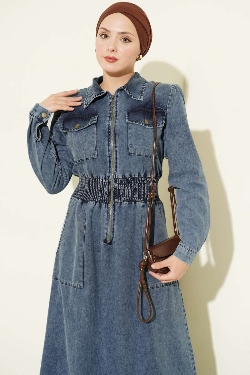 Zip Dress with Piped Elastic Waist - Denim Blue