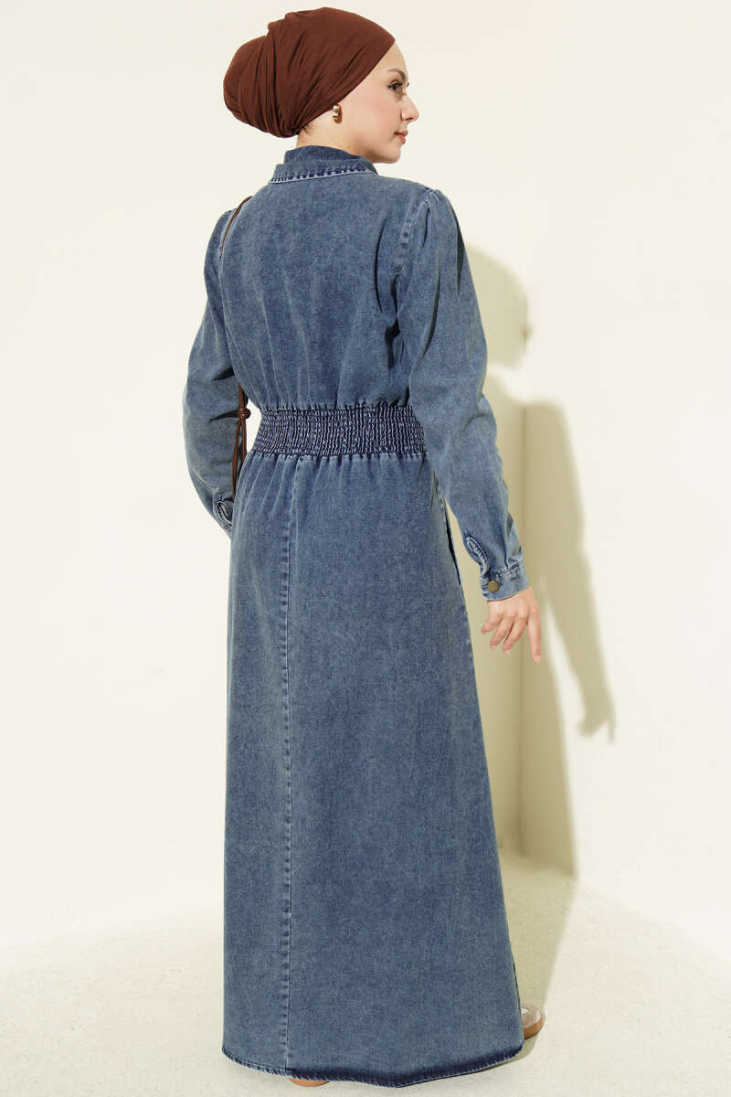 Zip Dress with Piped Elastic Waist - Denim Blue