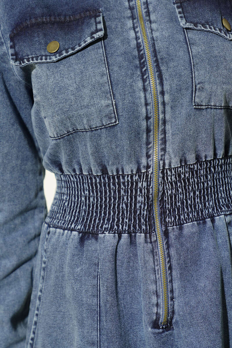 Zip Dress with Piped Elastic Waist - Denim Blue