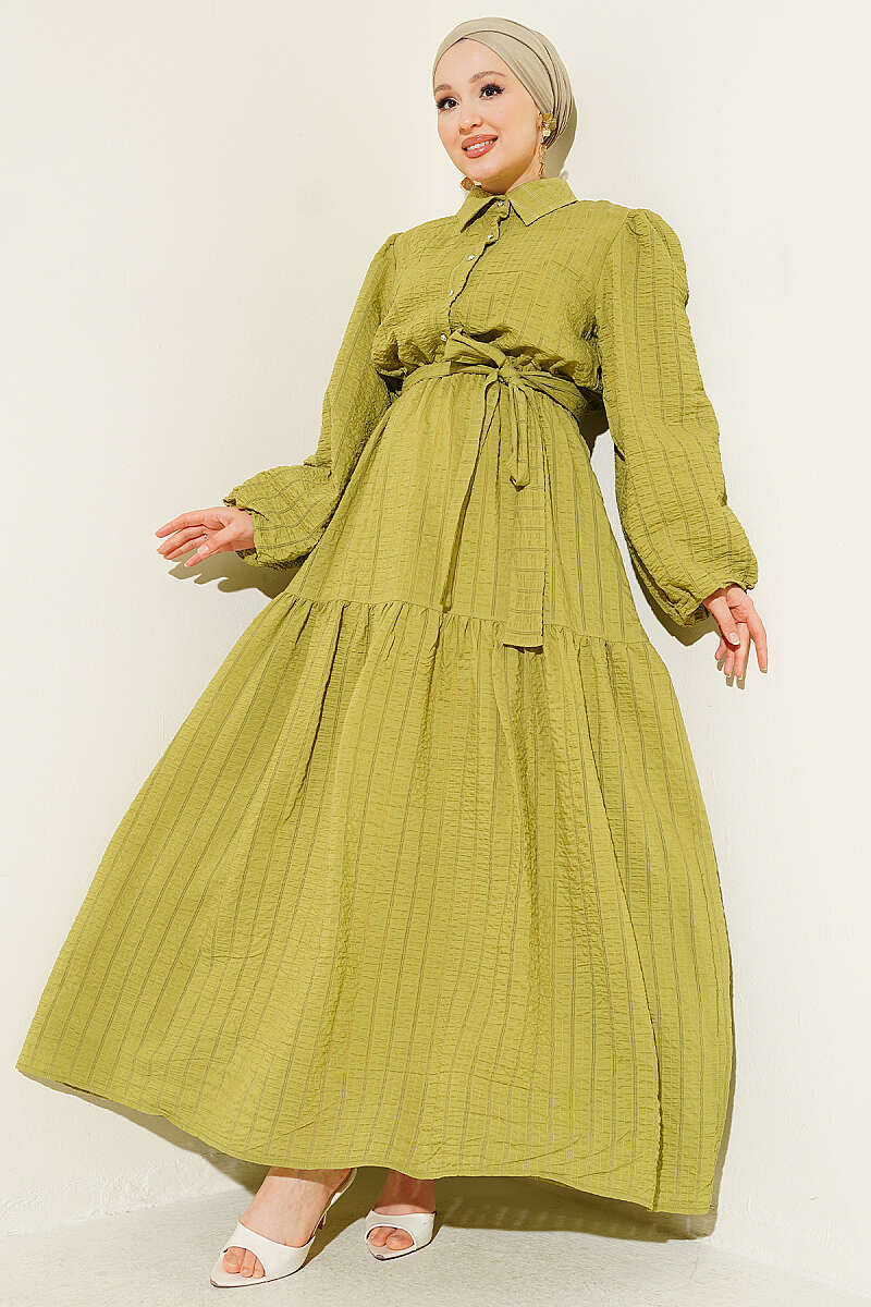 Waffle-Texture Puff-Sleeve Dress with Elastic Waist - Olive