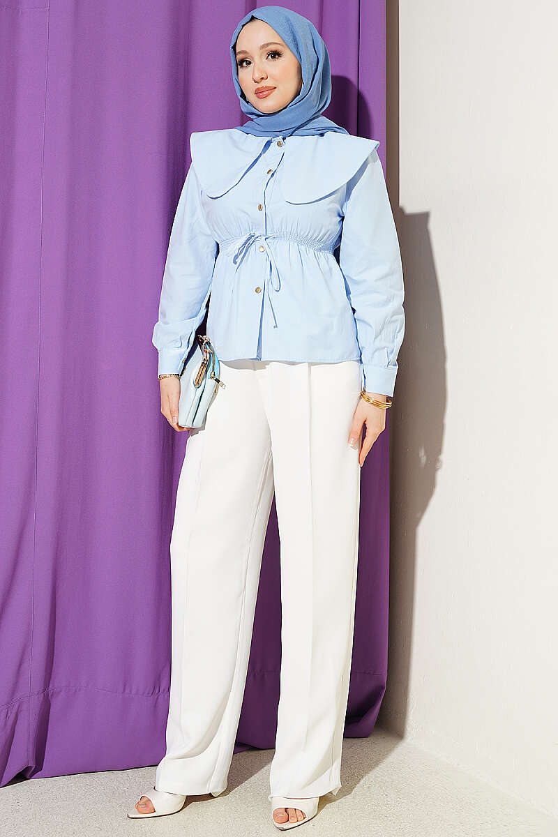 Short Peter Pan Collar Shirt with Elastic Waist - Light Blue