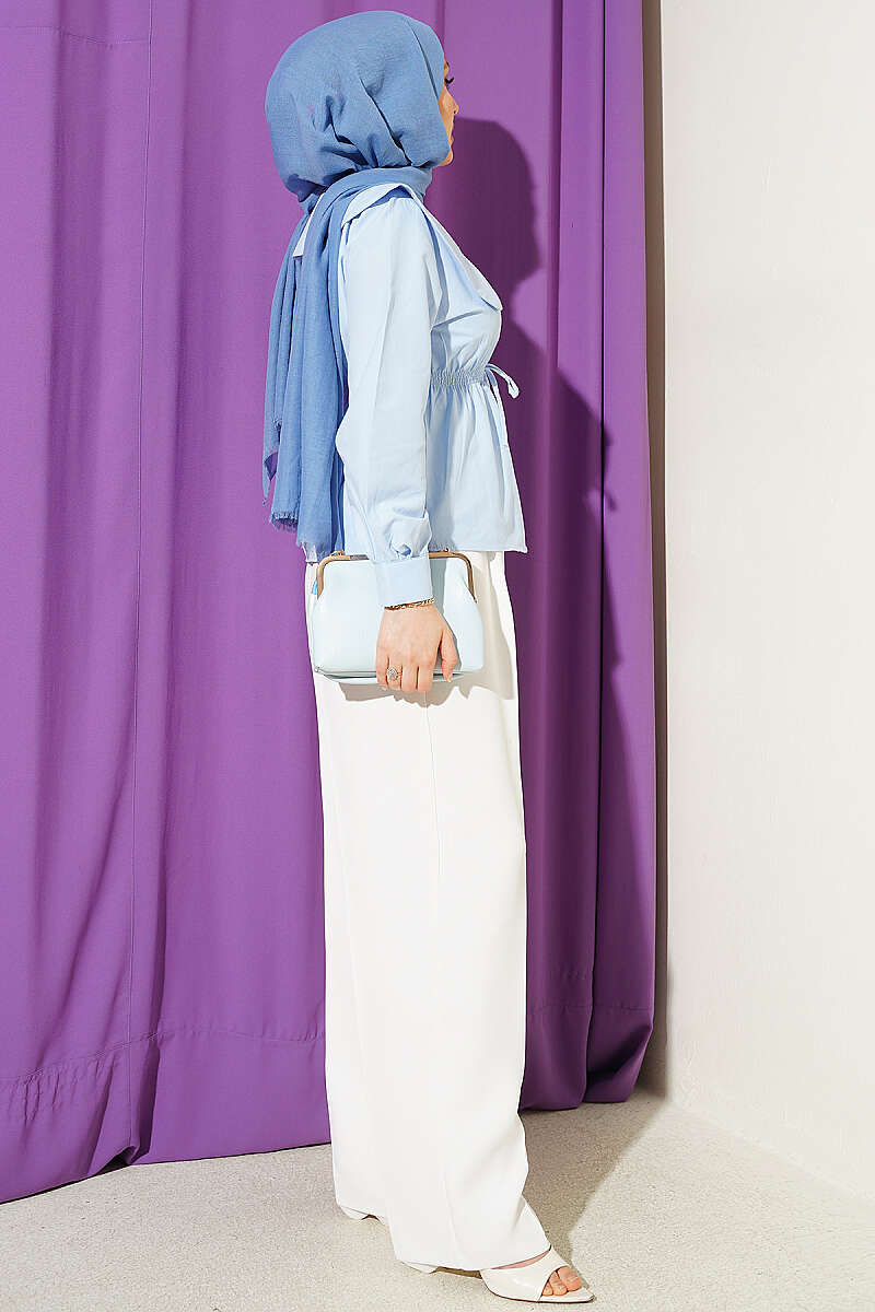 Short Peter Pan Collar Shirt with Elastic Waist - Light Blue