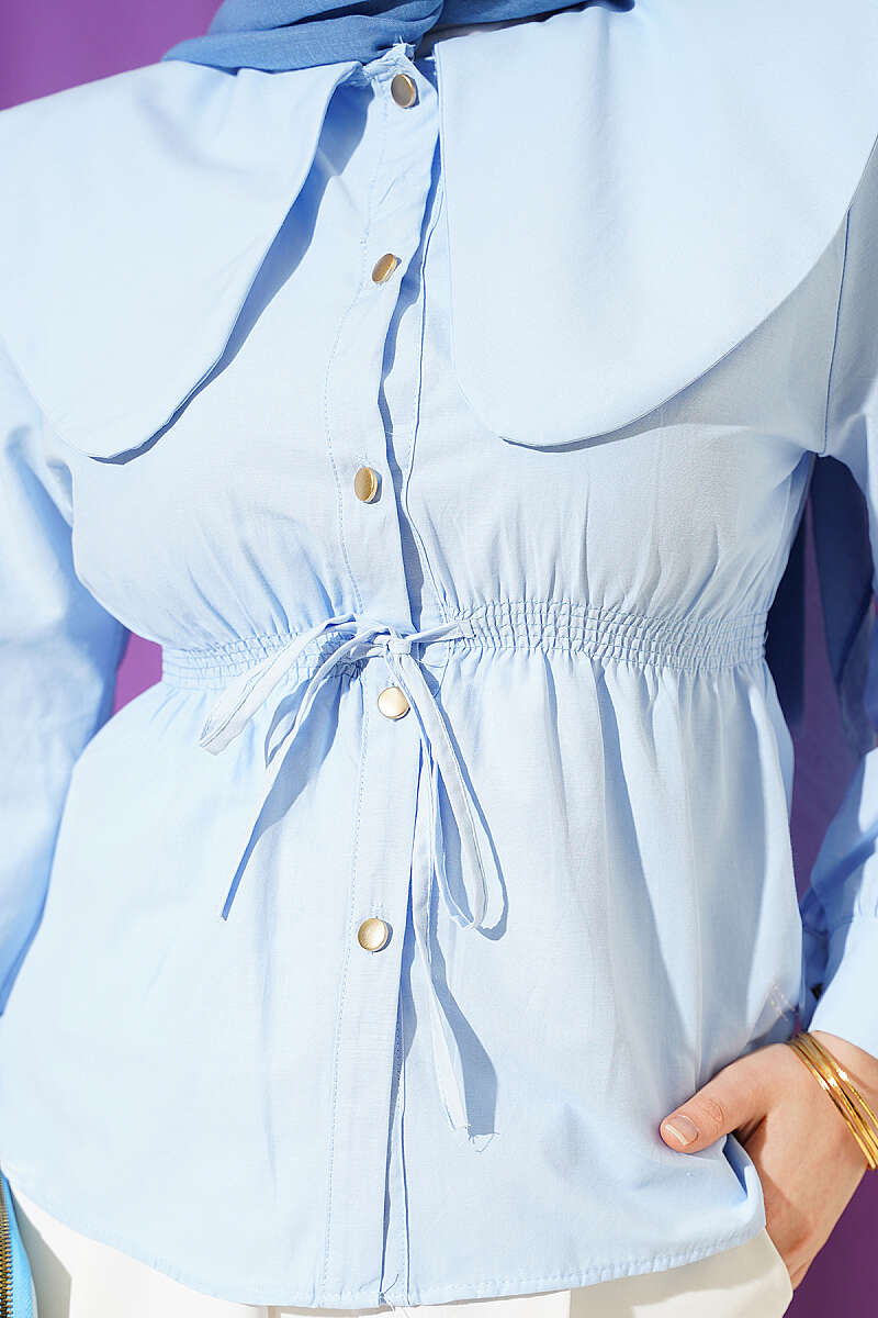 Short Peter Pan Collar Shirt with Elastic Waist - Light Blue