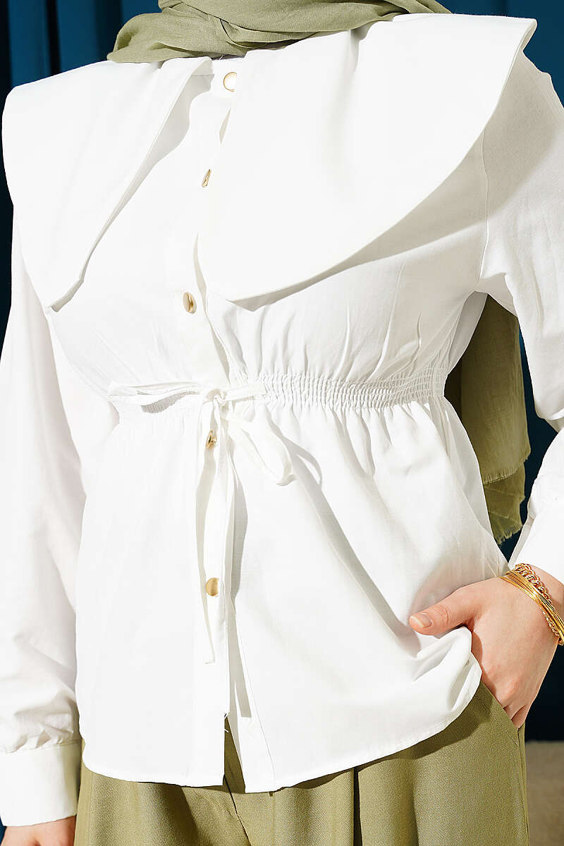 Short Peter Pan Collar Shirt with Elastic Waist - Ecru